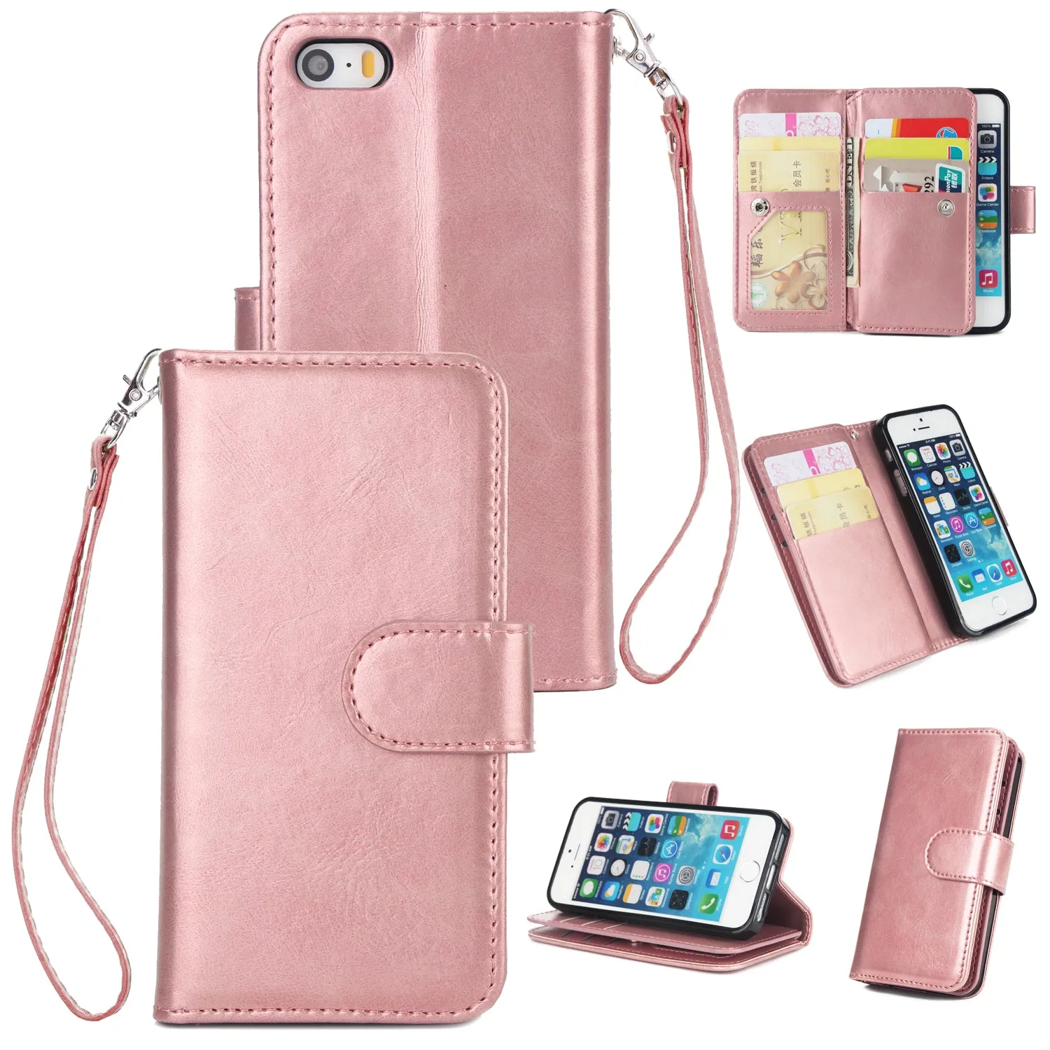 For iPhone 5/5S/SE PU Cell Phone Case Protective Leather Cover with Buckle & 9 Card Position & Lanyard & Bracket Rose gold