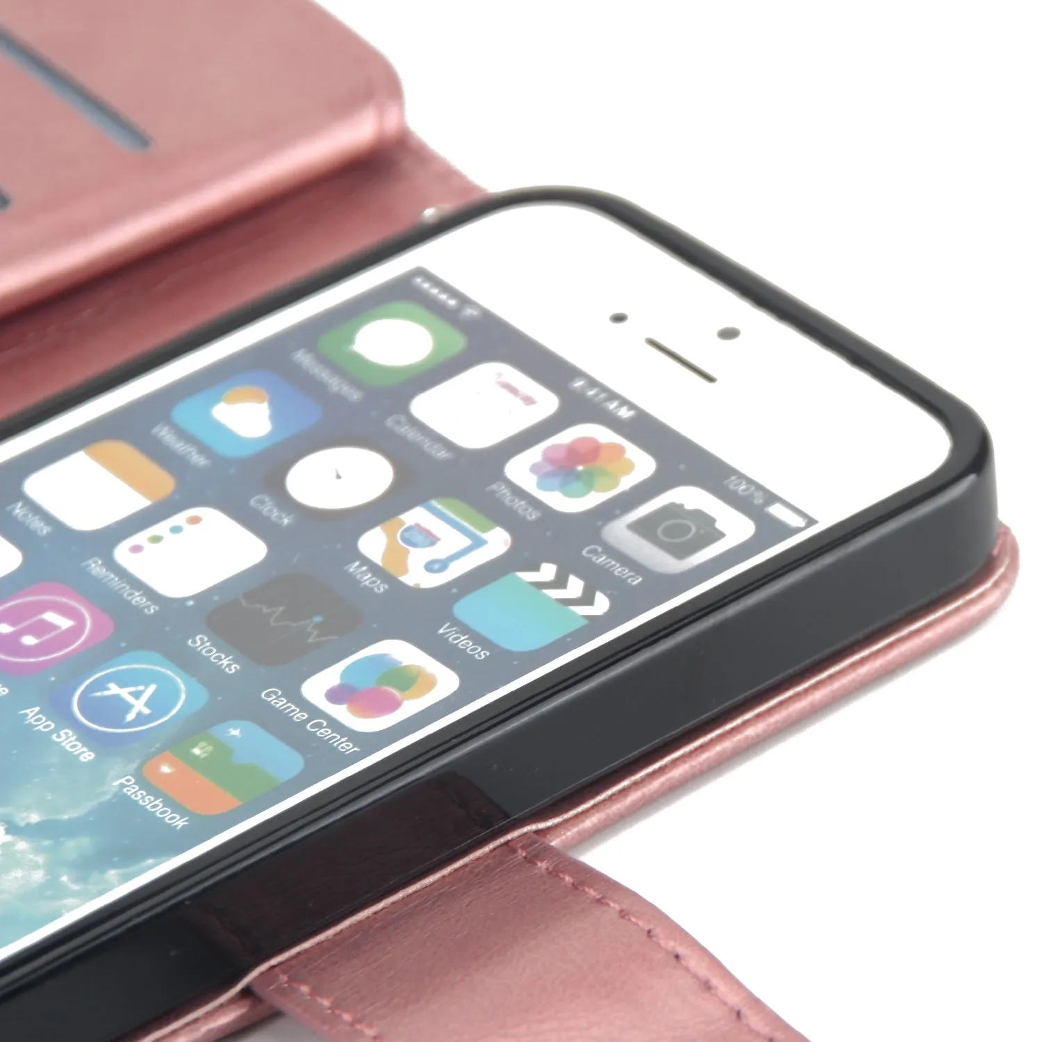 For iPhone 5/5S/SE PU Cell Phone Case Protective Leather Cover with Buckle & 9 Card Position & Lanyard & Bracket Rose gold
