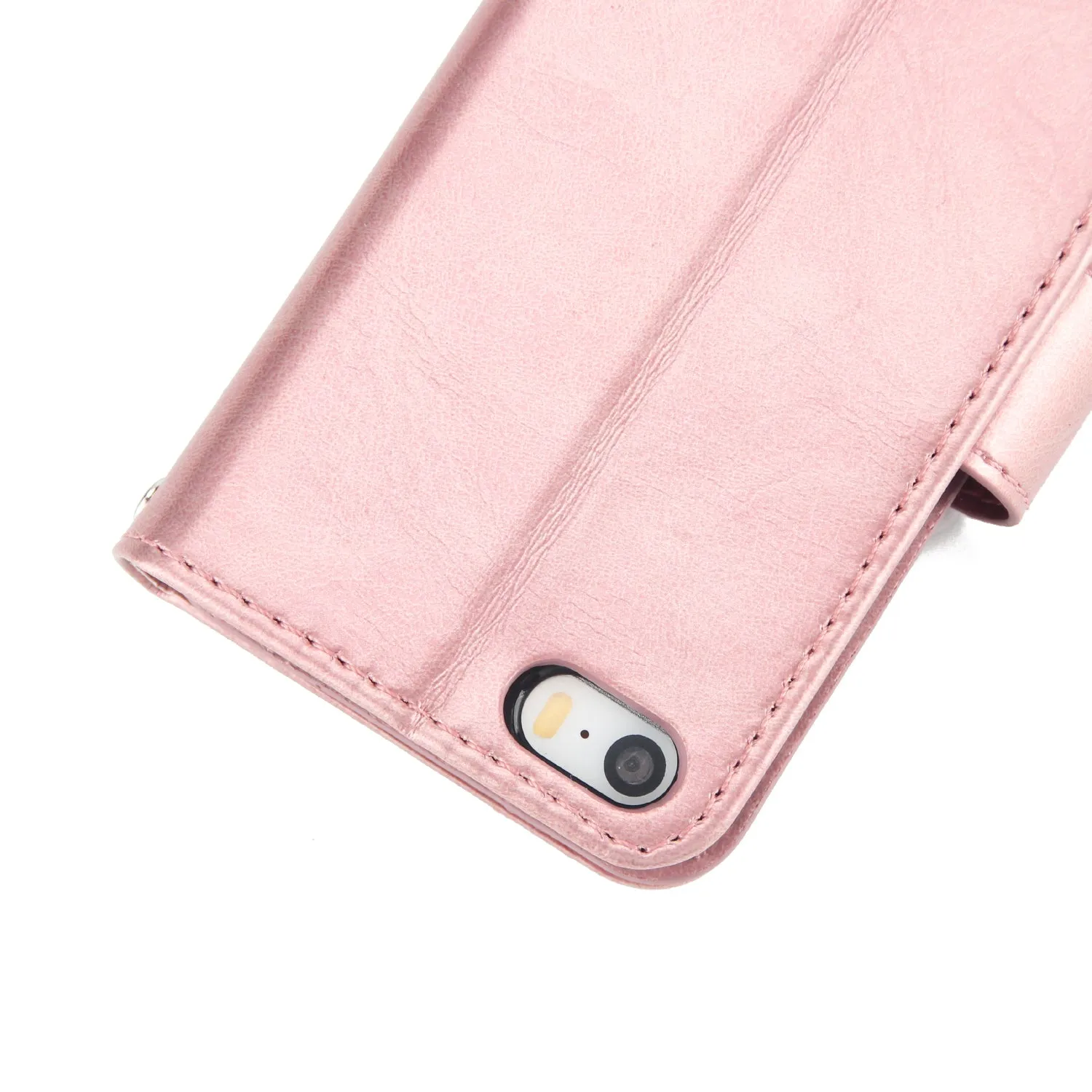 For iPhone 5/5S/SE PU Cell Phone Case Protective Leather Cover with Buckle & 9 Card Position & Lanyard & Bracket Rose gold