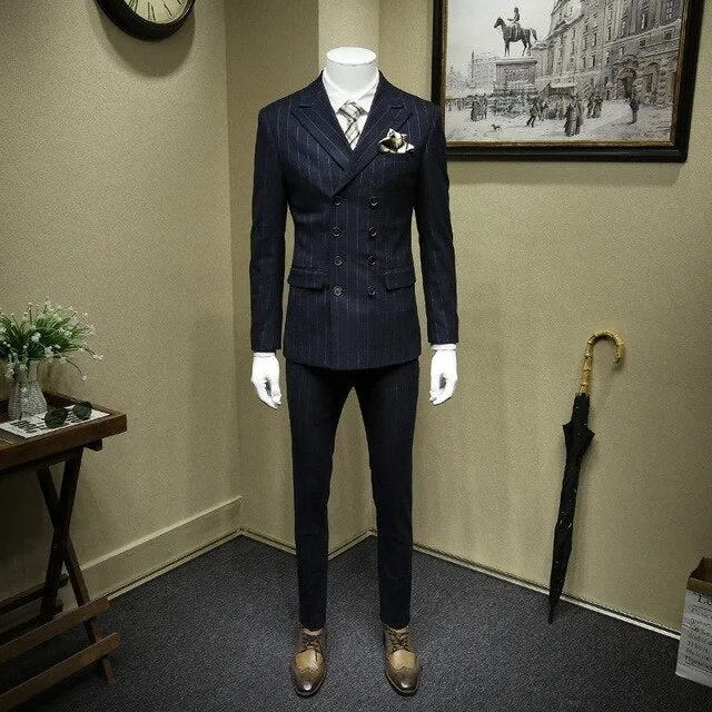 Formal Business Man Office Work 3pcs Dress Suit Groom Striped Slim Fit Double Breasted Wedding Suits High Quality Costume Homme