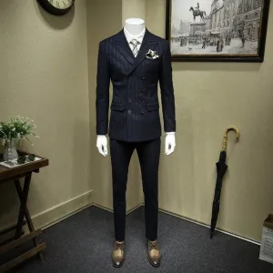 Formal Business Man Office Work 3pcs Dress Suit Groom Striped Slim Fit Double Breasted Wedding Suits High Quality Costume Homme