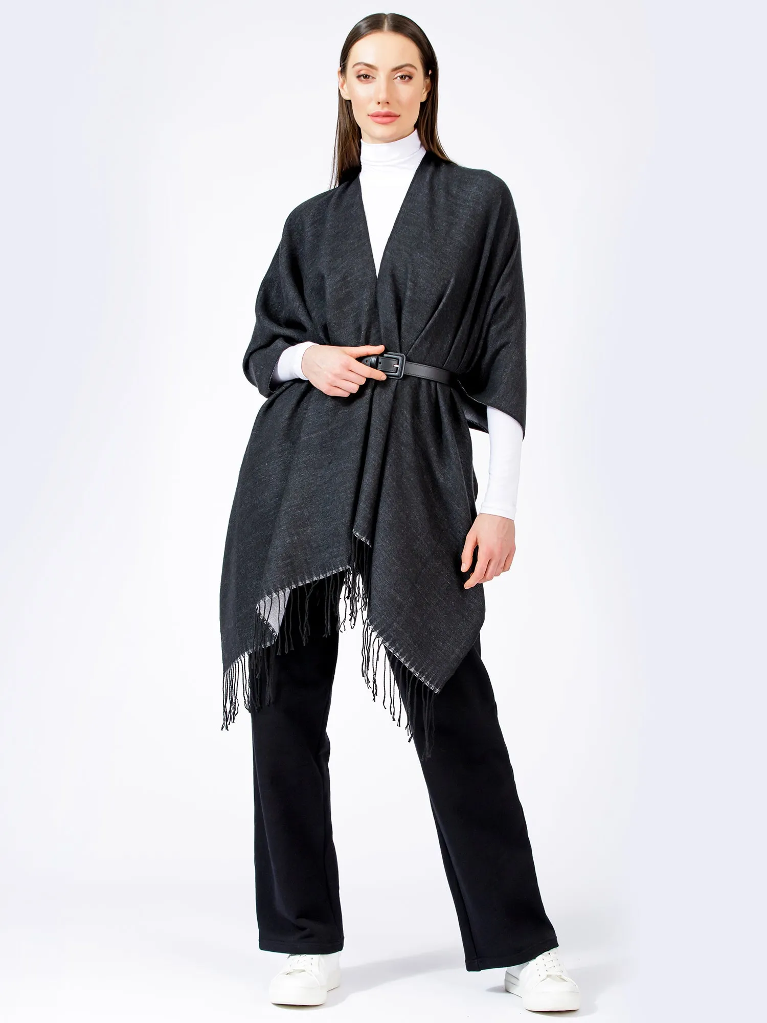 FREESTYLE FRINGED WRAP CAPE, BLACK