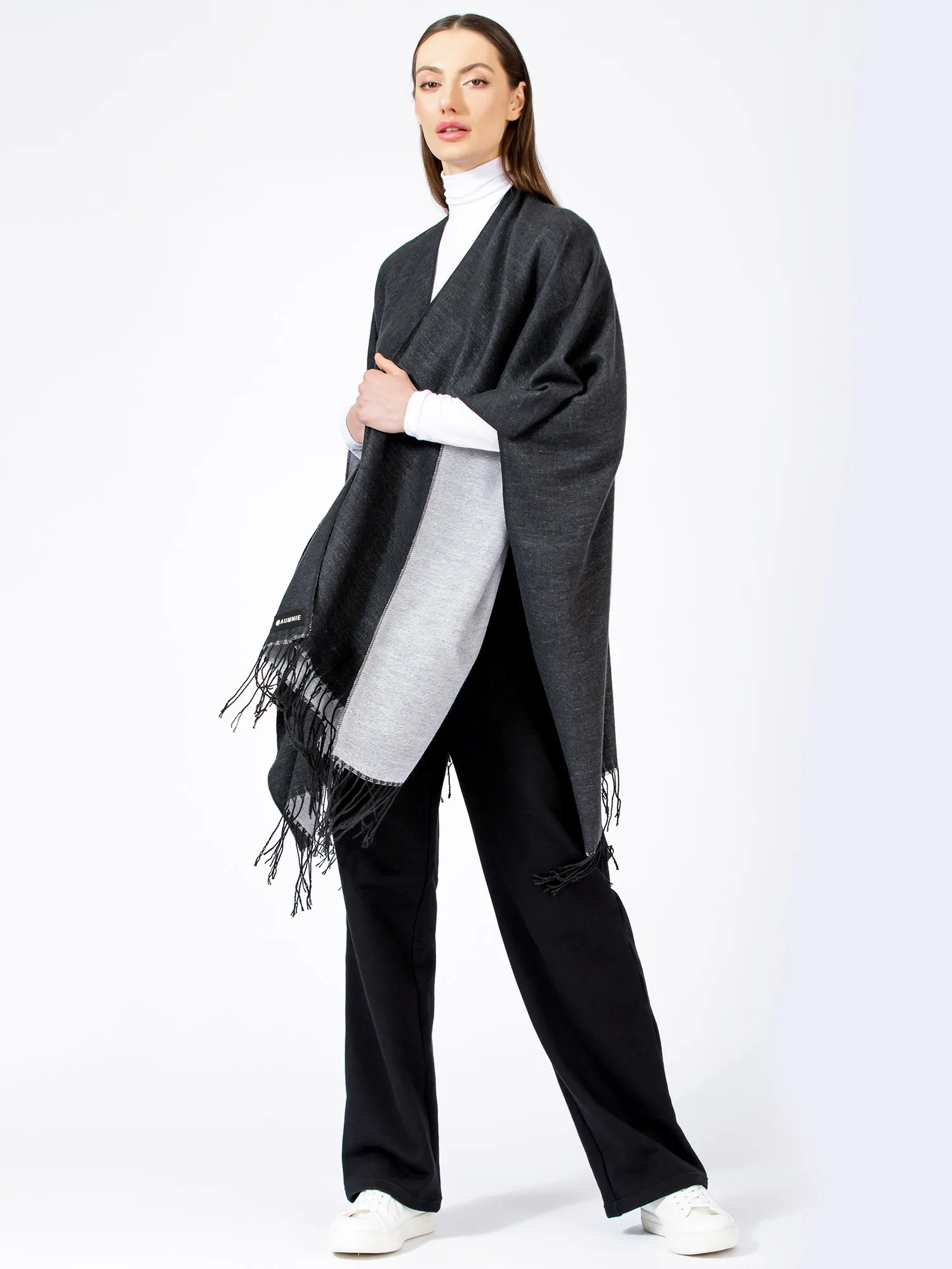 FREESTYLE FRINGED WRAP CAPE, BLACK
