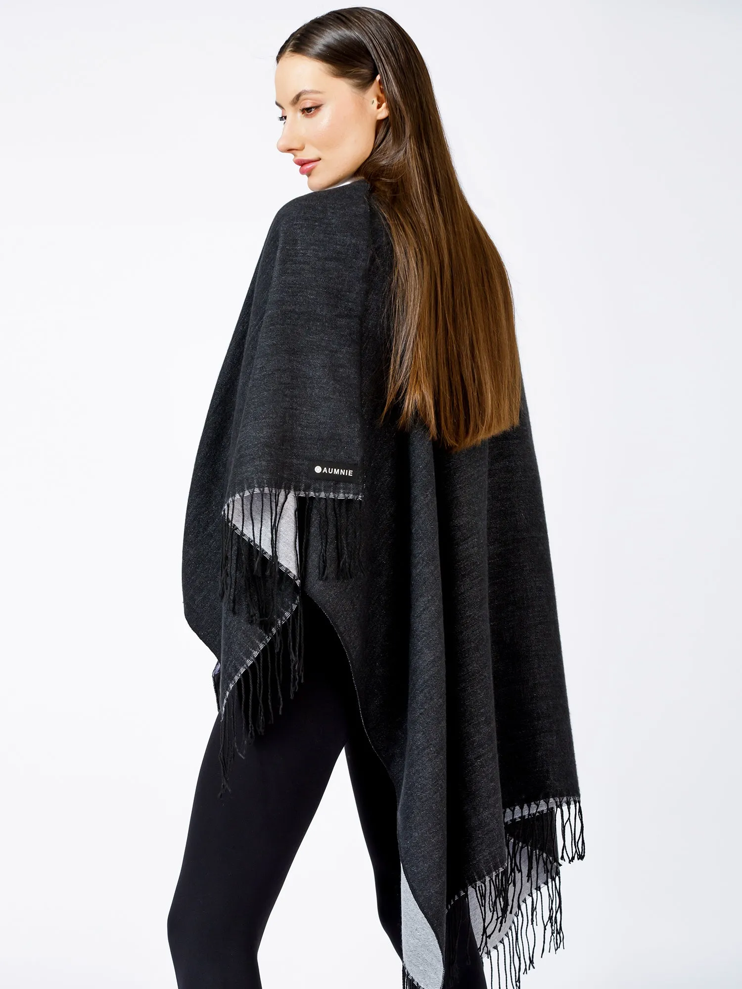 FREESTYLE FRINGED WRAP CAPE, BLACK