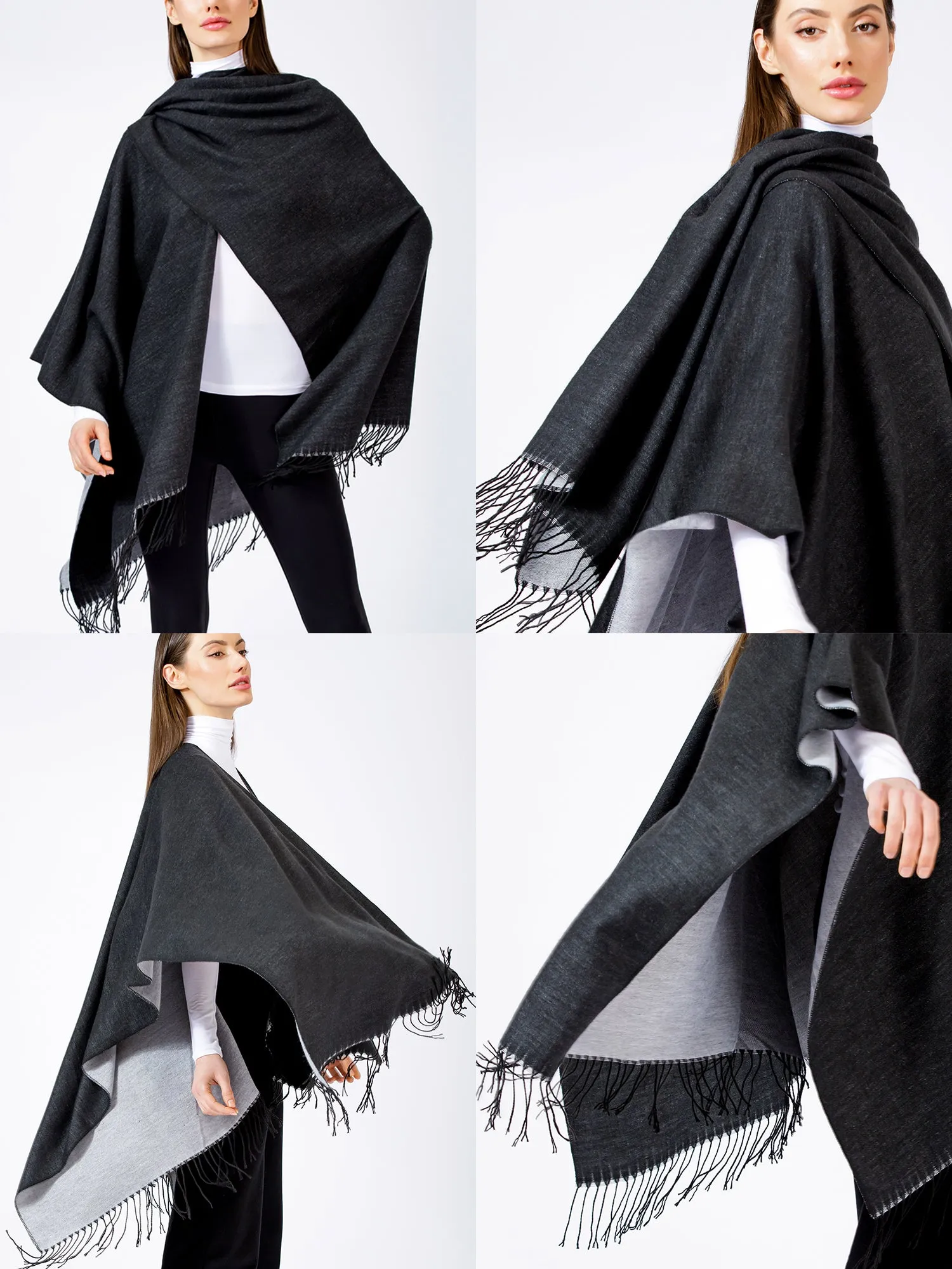 FREESTYLE FRINGED WRAP CAPE, BLACK