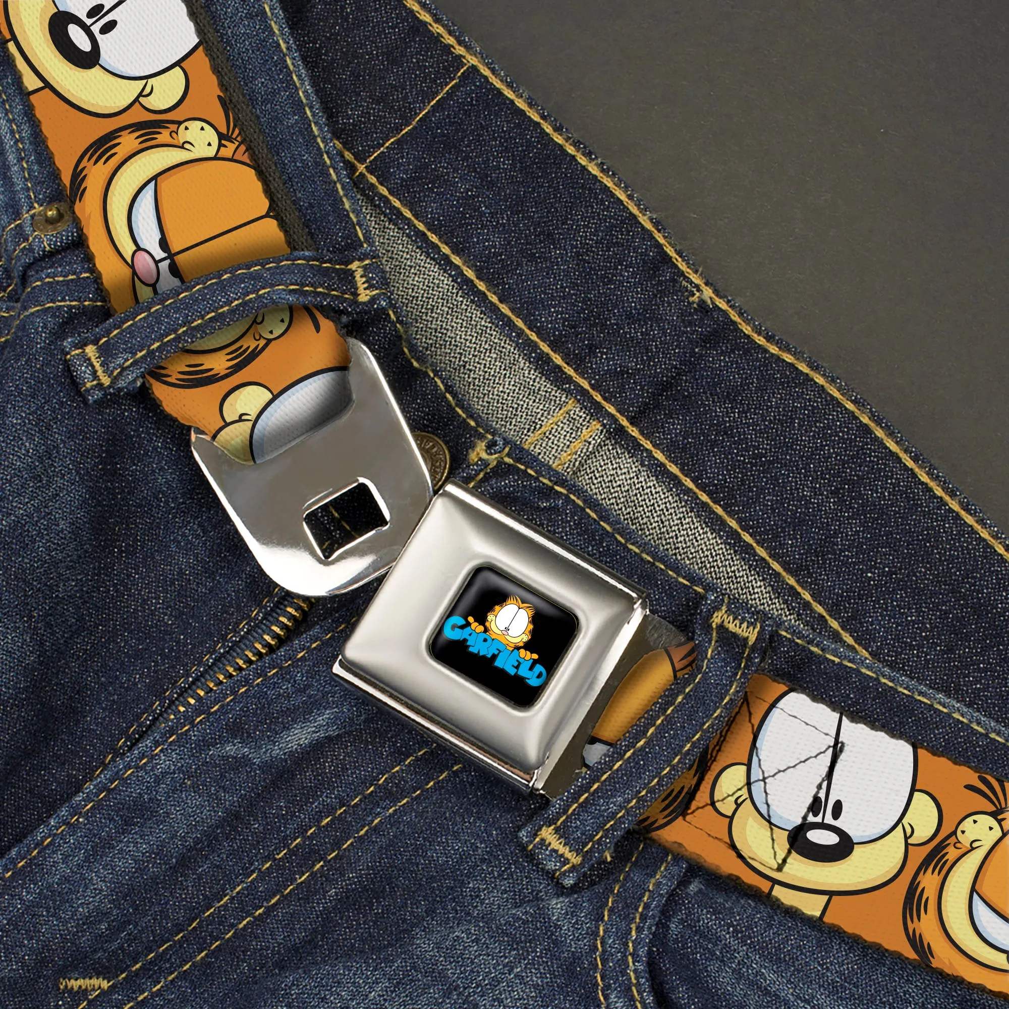 GARFIELD Pose Title Logo Full Color Black Seatbelt Belt - Garfield and Odie Faces Close-Up Orange Webbing