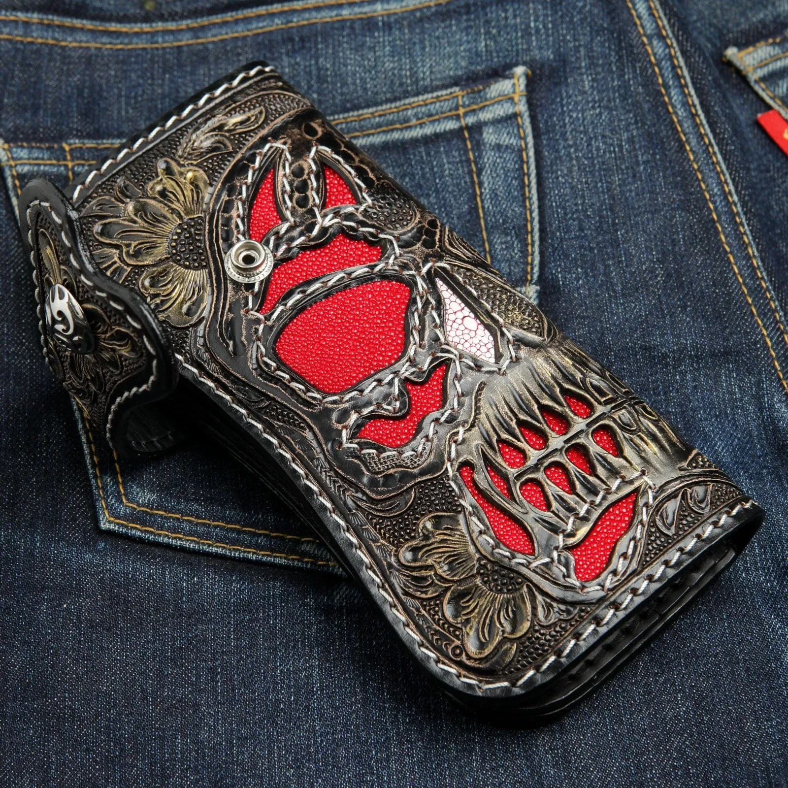 Genuine Leather Demon Tooled Biker Wallet