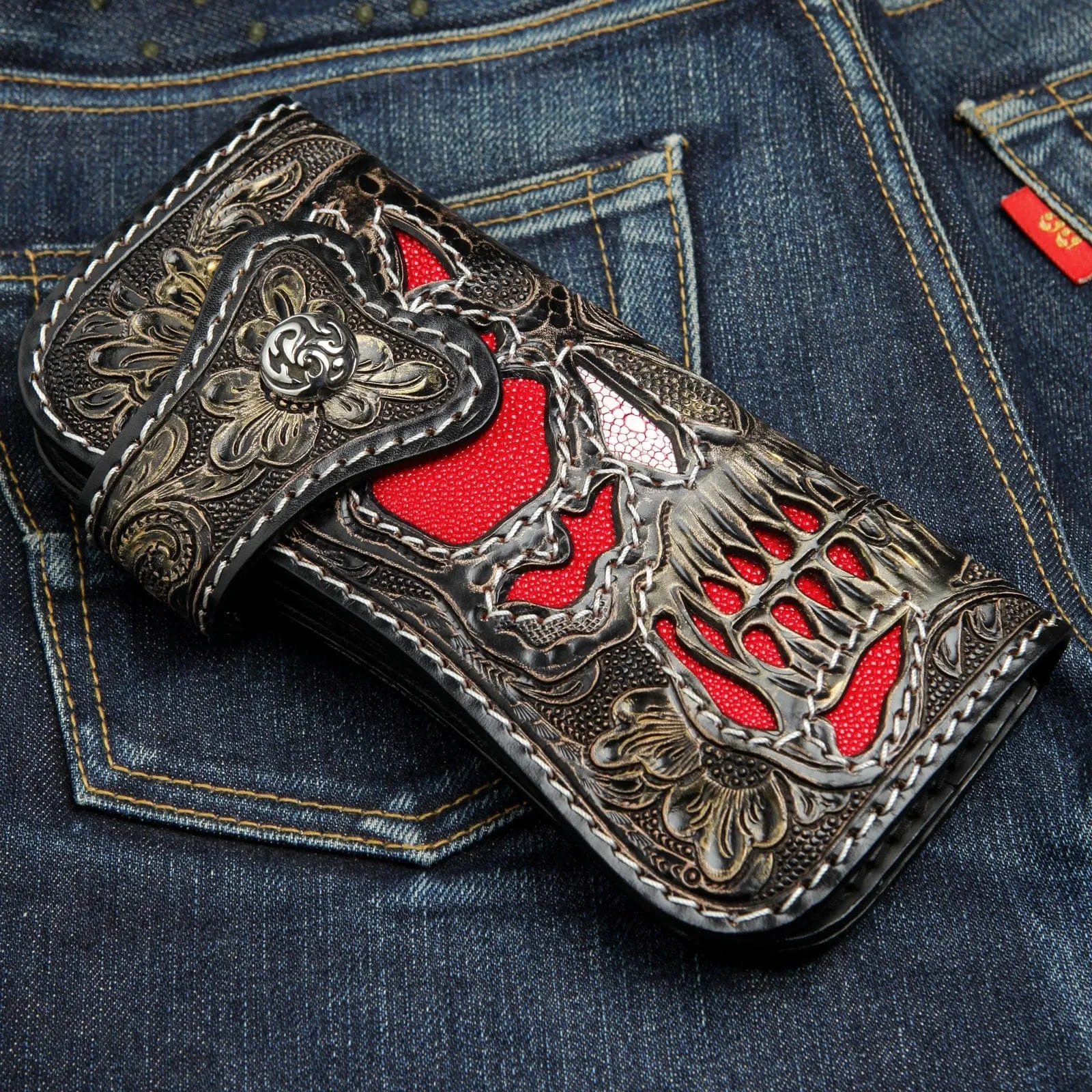 Genuine Leather Demon Tooled Biker Wallet