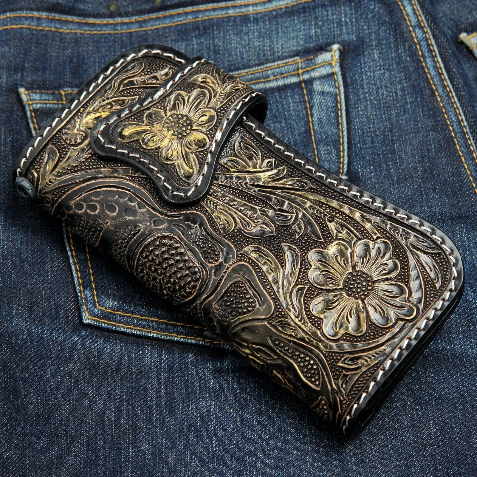 Genuine Leather Demon Tooled Biker Wallet