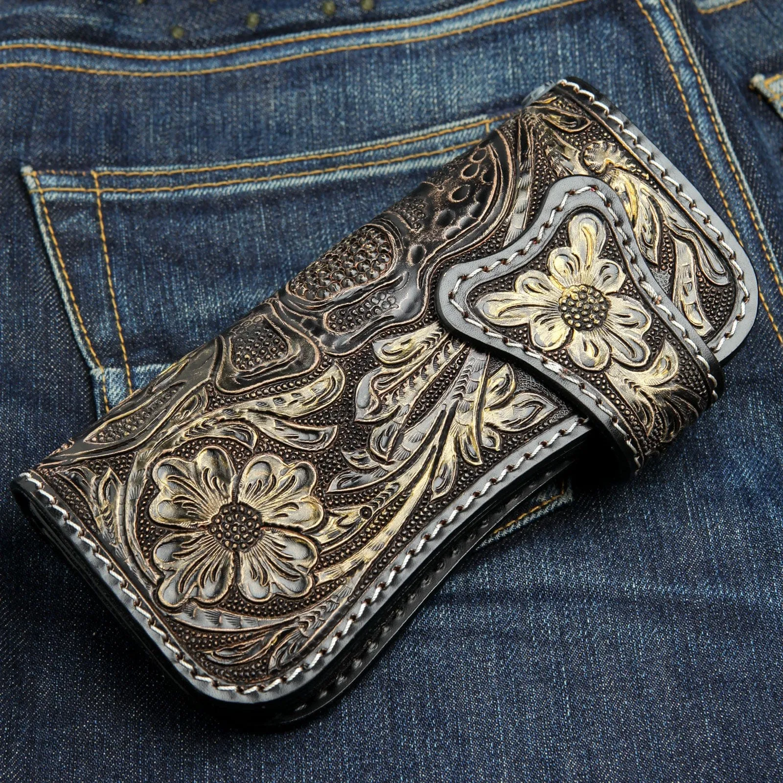 Genuine Leather Demon Tooled Biker Wallet
