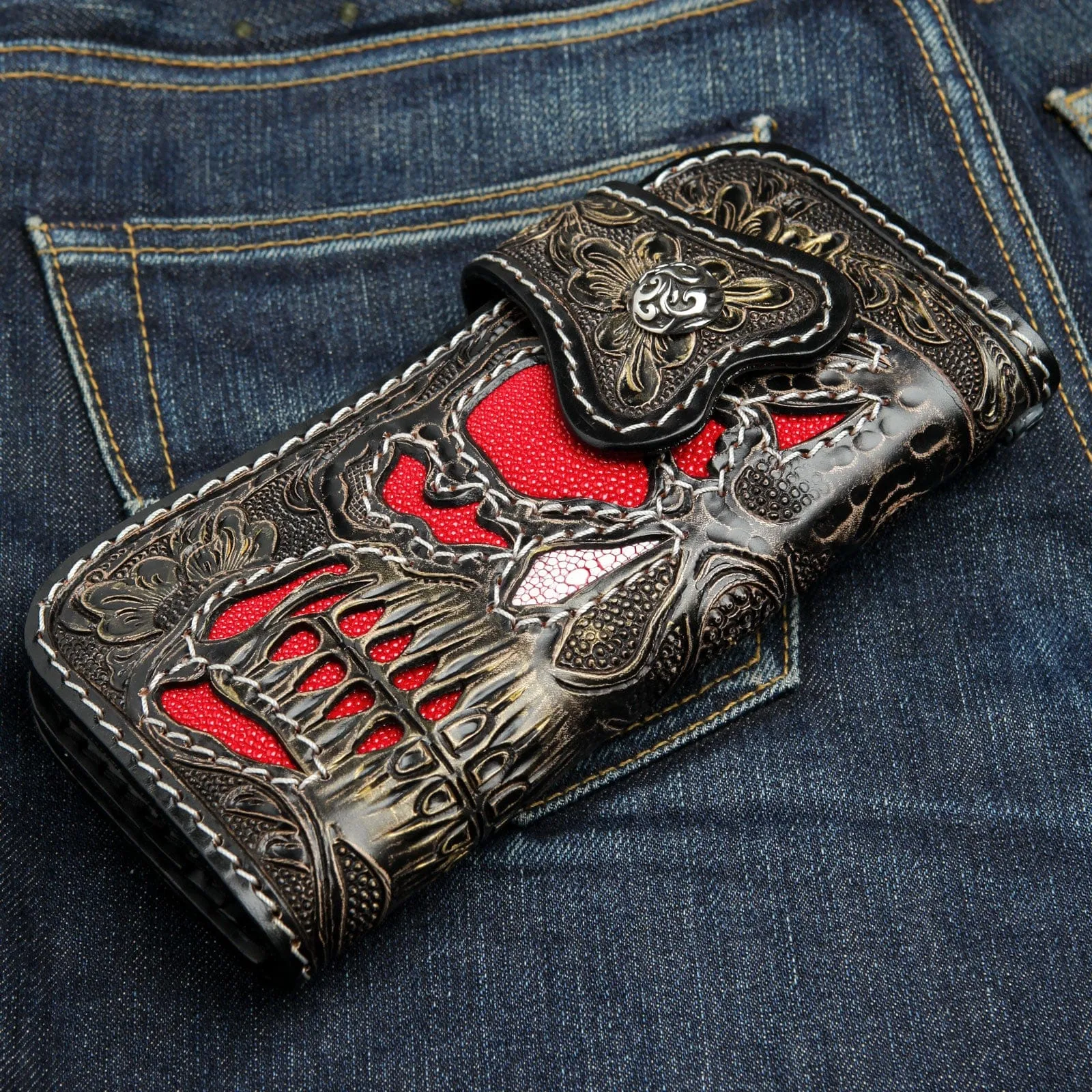 Genuine Leather Demon Tooled Biker Wallet