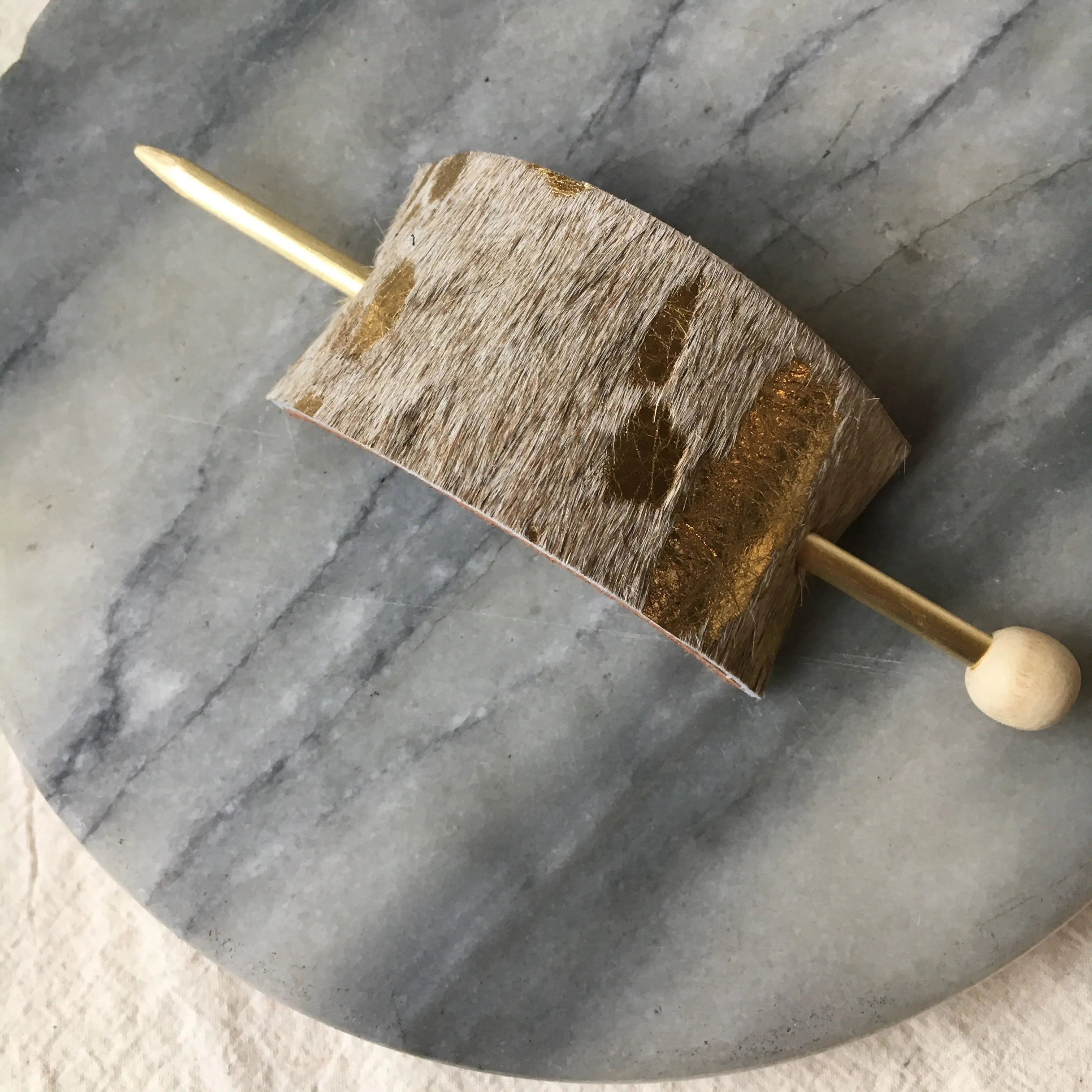 Gold Splash Print Leather Hair Slide with Brass Pin