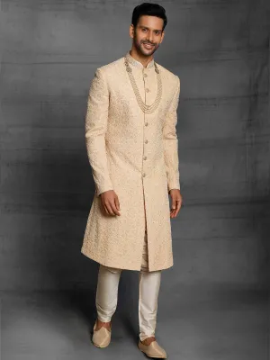 Golden Cream Sherwani With Resham Work
