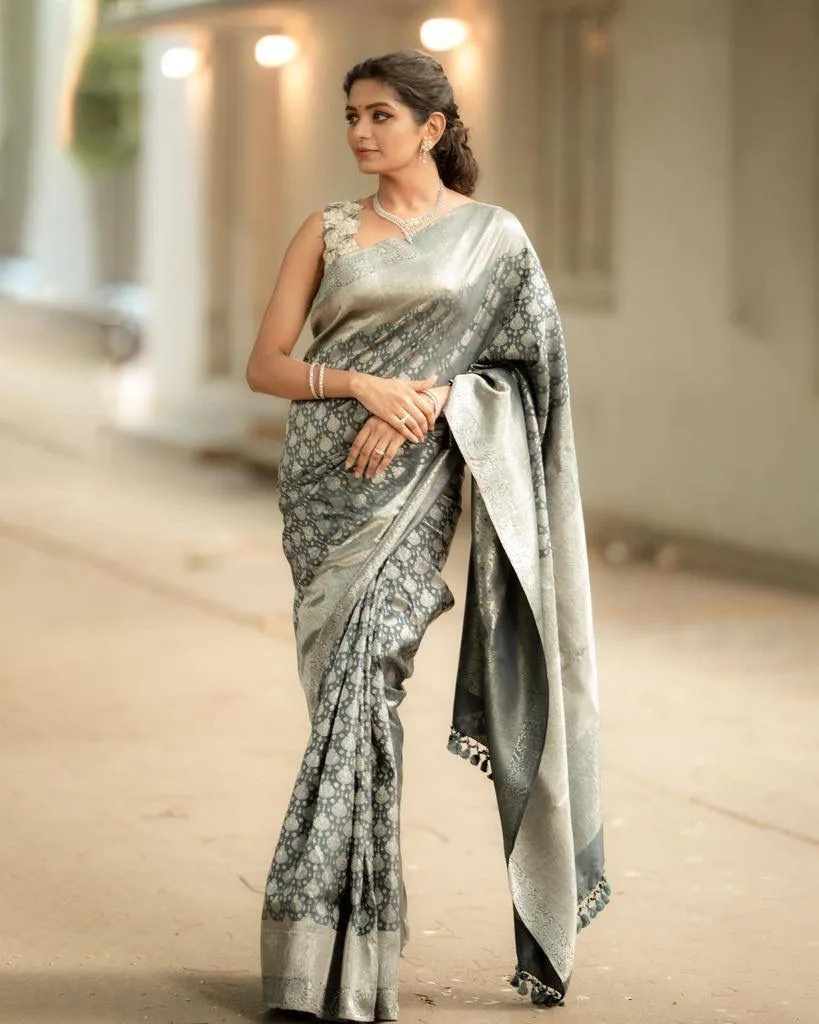 Grey Banarasi Soft Silk Saree With Blouse