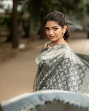 Grey Banarasi Soft Silk Saree With Blouse