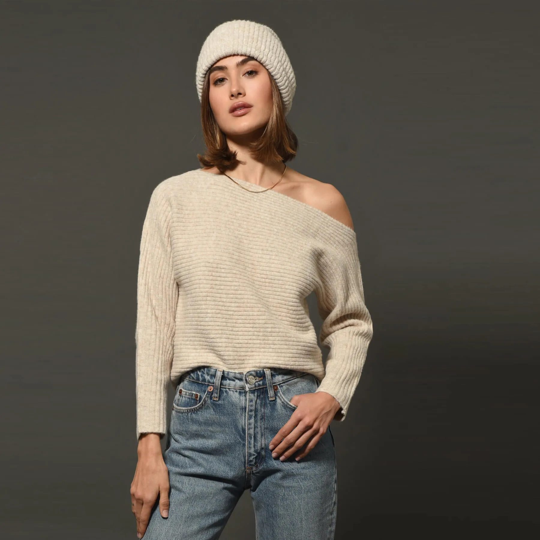 Greylin Hana Off Shoulder Long Sleeve Sweater - Oatmilk