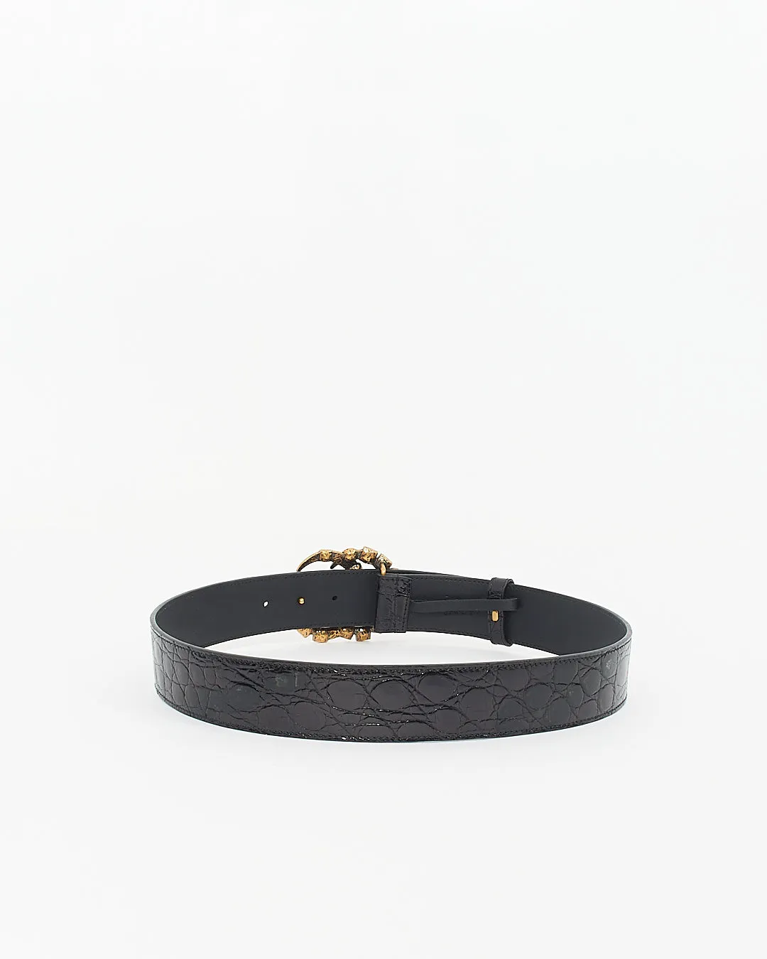 Gucci Black Alligator-Croc Embossed Leather Crystal GG Marmont Belt - 80/32