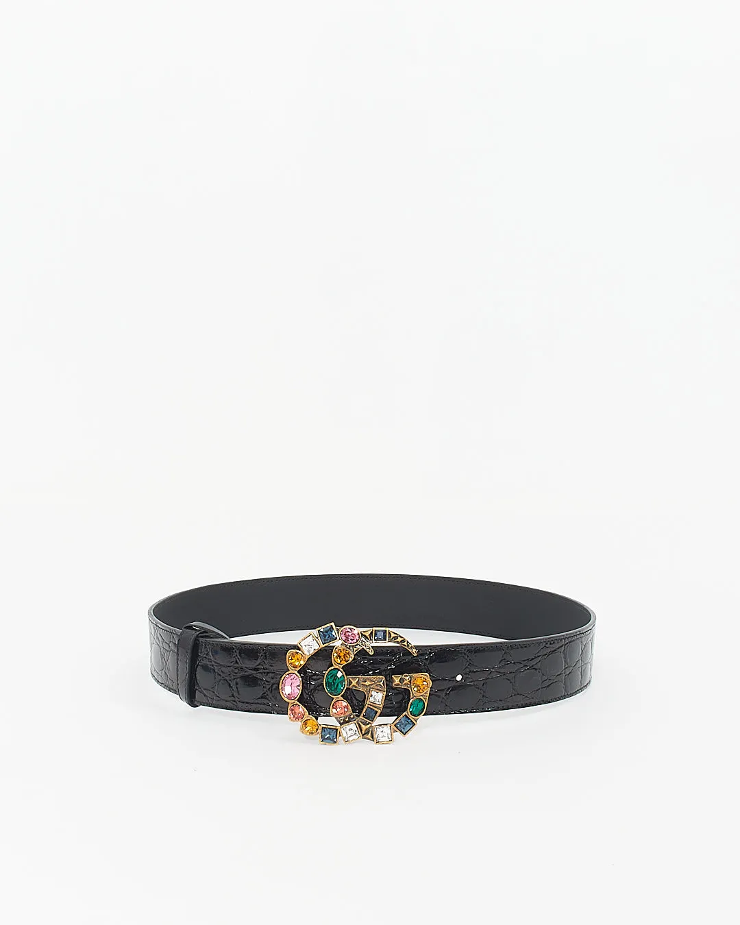 Gucci Black Alligator-Croc Embossed Leather Crystal GG Marmont Belt - 80/32