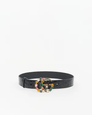 Gucci Black Alligator-Croc Embossed Leather Crystal GG Marmont Belt - 80/32