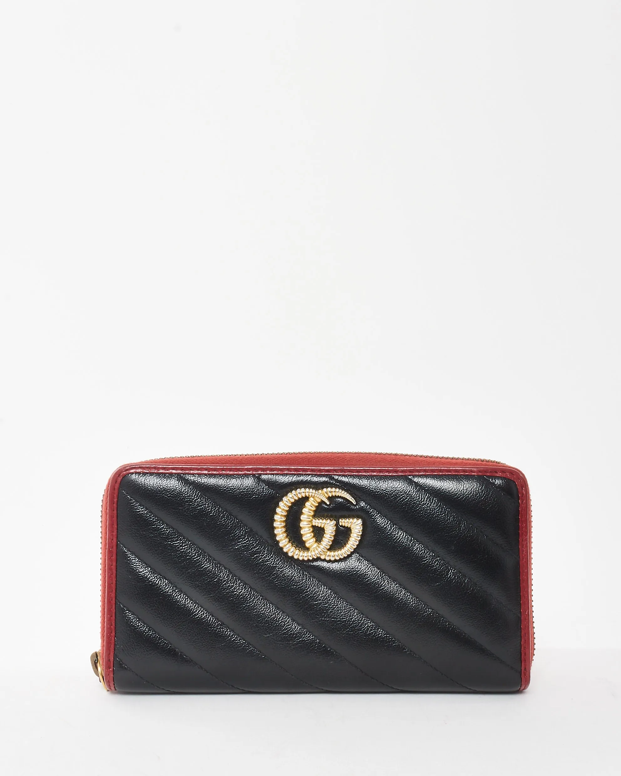 Gucci Black Leather & Red Diagonal Torchon GG Long Zip Wallet