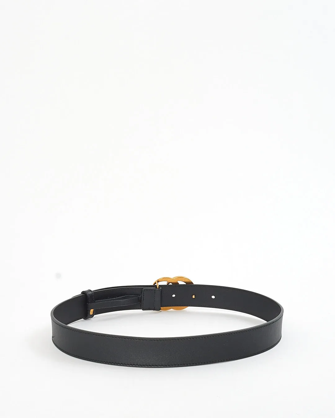 Gucci Black Leather Brushed Gold Double G Marmont Buckle Belt - 75/30