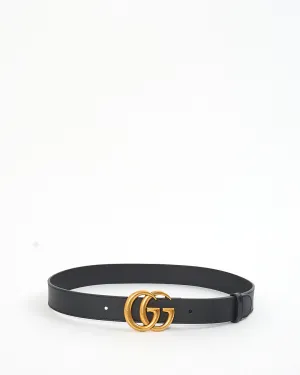 Gucci Black Leather Brushed Gold Double G Marmont Buckle Belt - 75/30