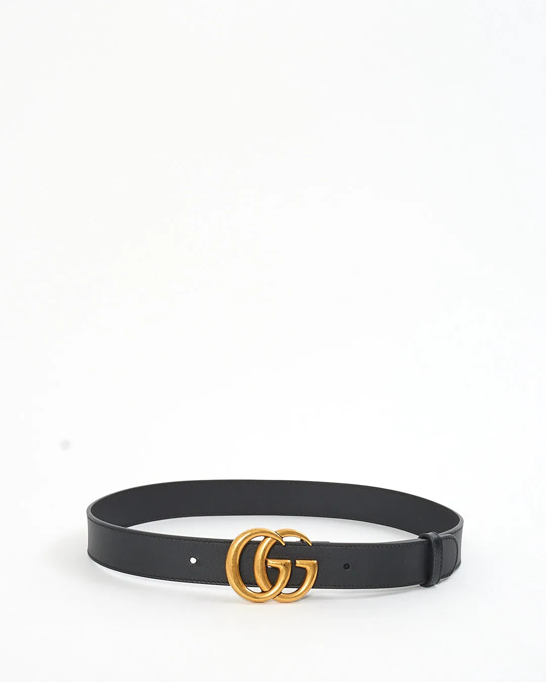 Gucci Black Leather Brushed Gold Double G Marmont Buckle Belt - 75/30