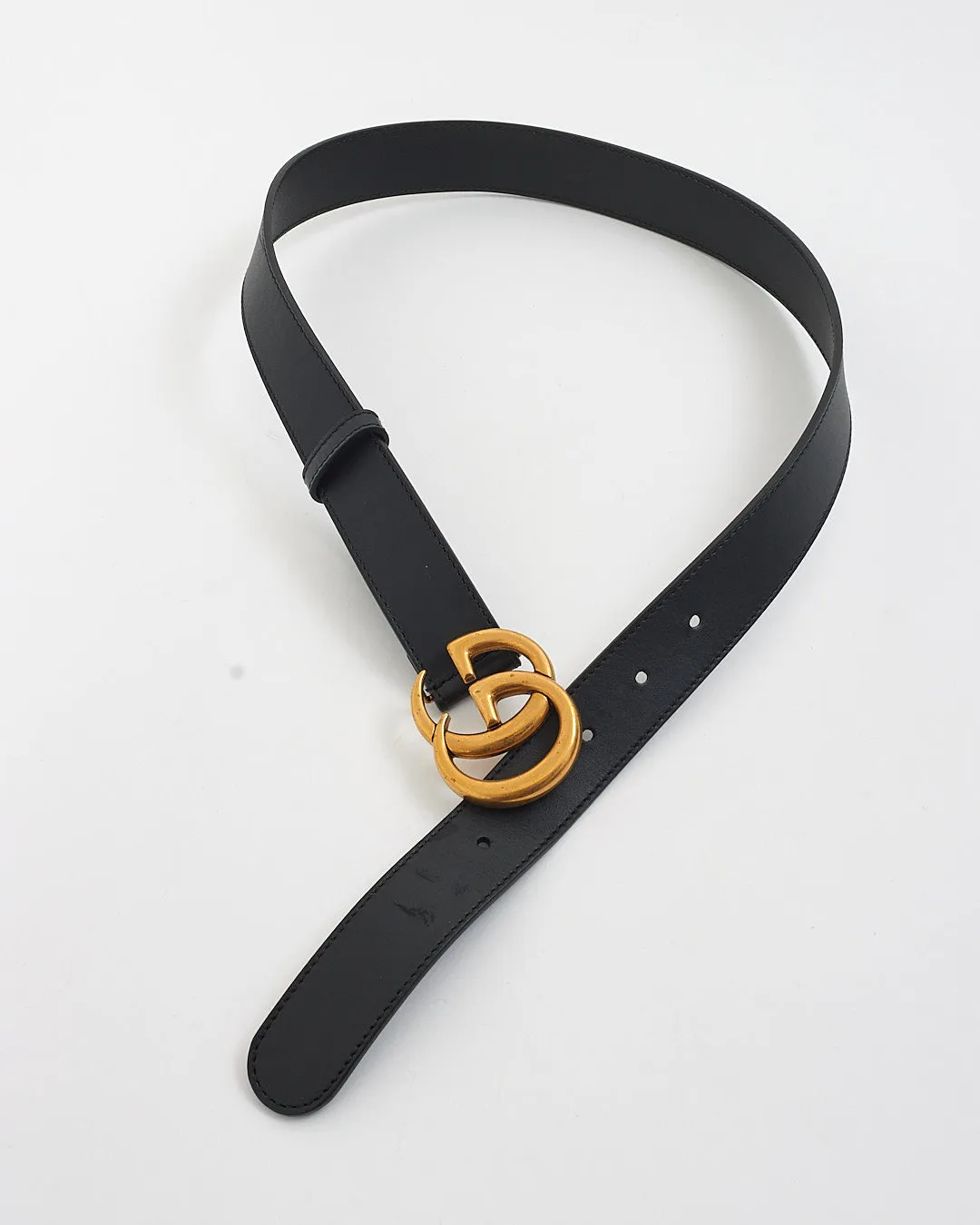 Gucci Black Leather Brushed Gold Double G Marmont Buckle Belt - 75/30