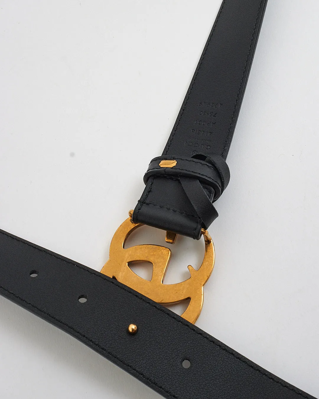Gucci Black Leather Brushed Gold Double G Marmont Buckle Belt - 75/30