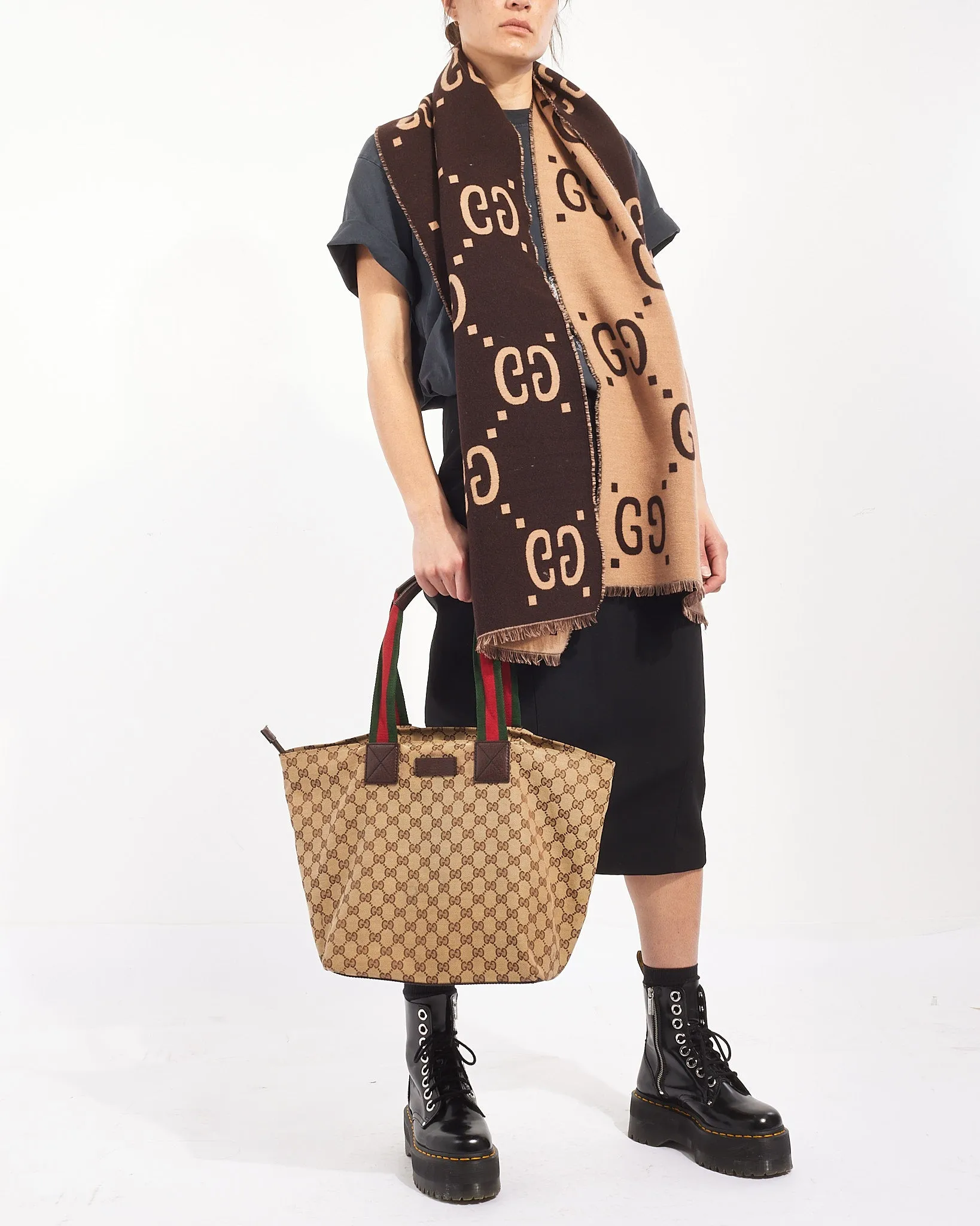 Gucci Brown and Beige Wool GG Jacquard Scarf