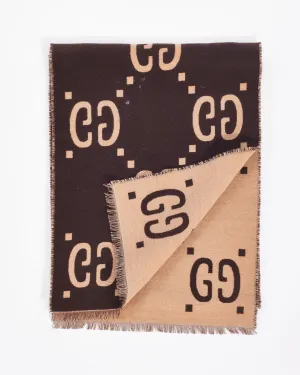 Gucci Brown and Beige Wool GG Jacquard Scarf