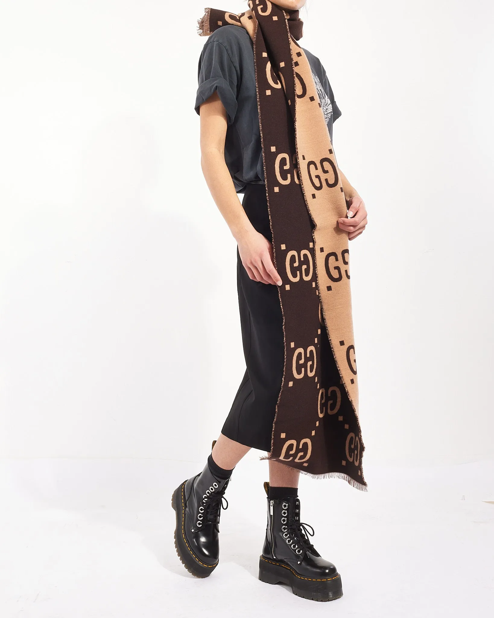 Gucci Brown and Beige Wool GG Jacquard Scarf