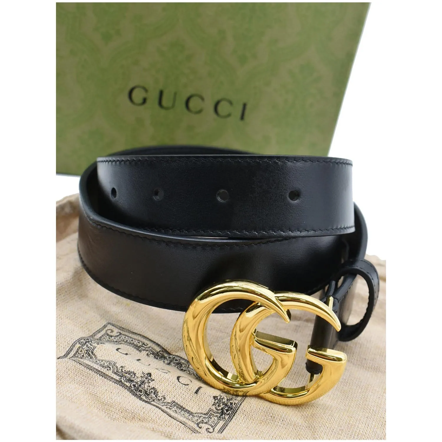 GUCCI Double G Buckle Leather Belt Black 414516