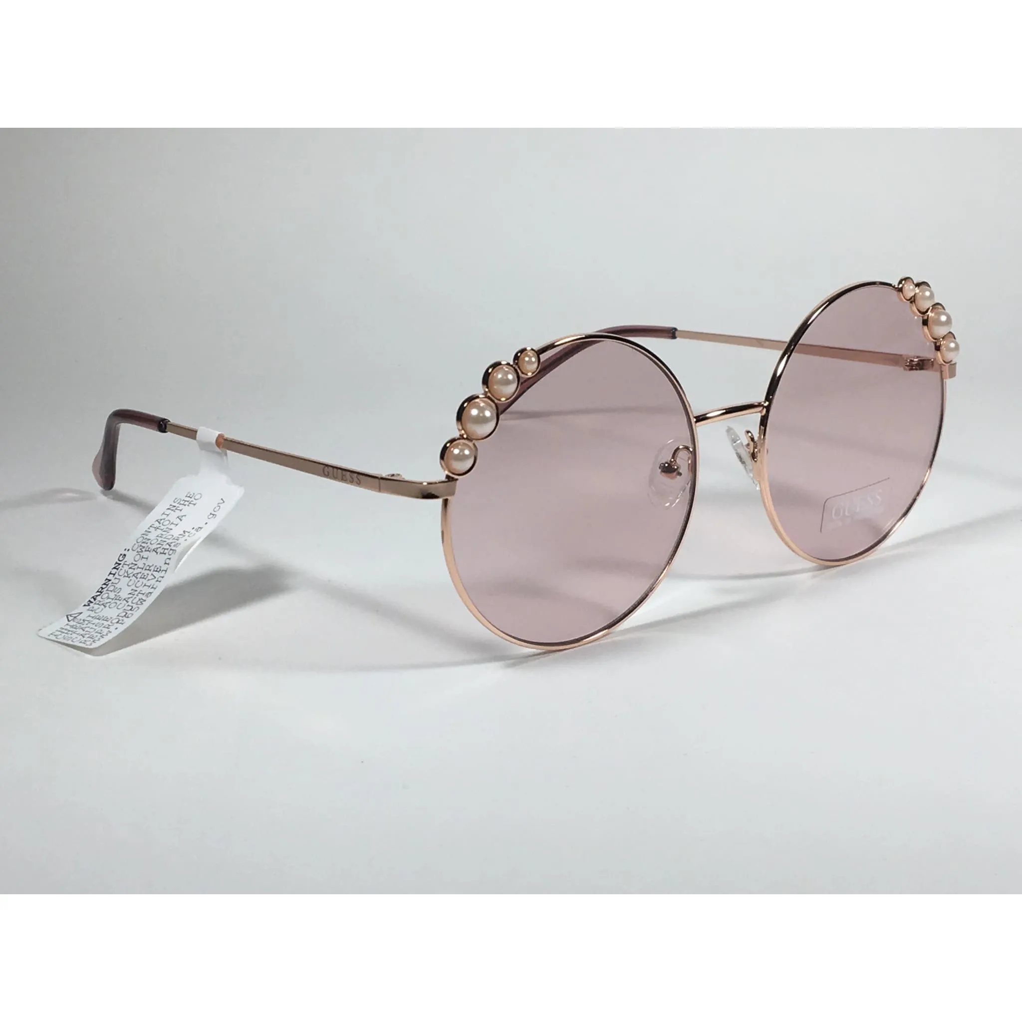 Guess Round Pearl Sunglasses Rose Gold Metal Frame Pink Lens GF0355 28T