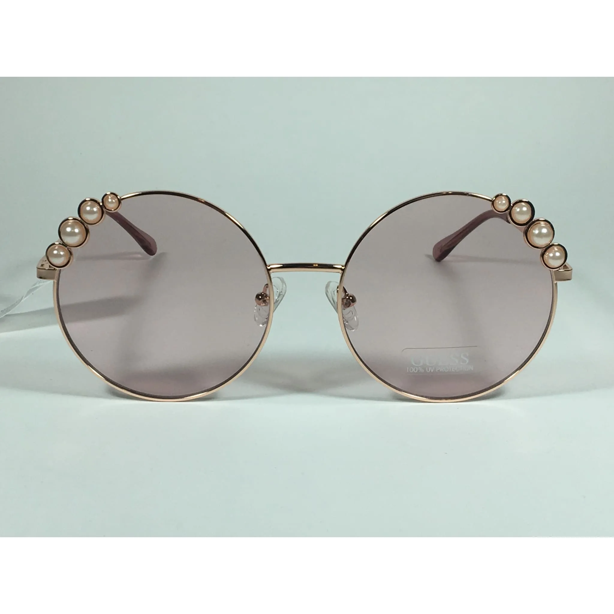 Guess Round Pearl Sunglasses Rose Gold Metal Frame Pink Lens GF0355 28T