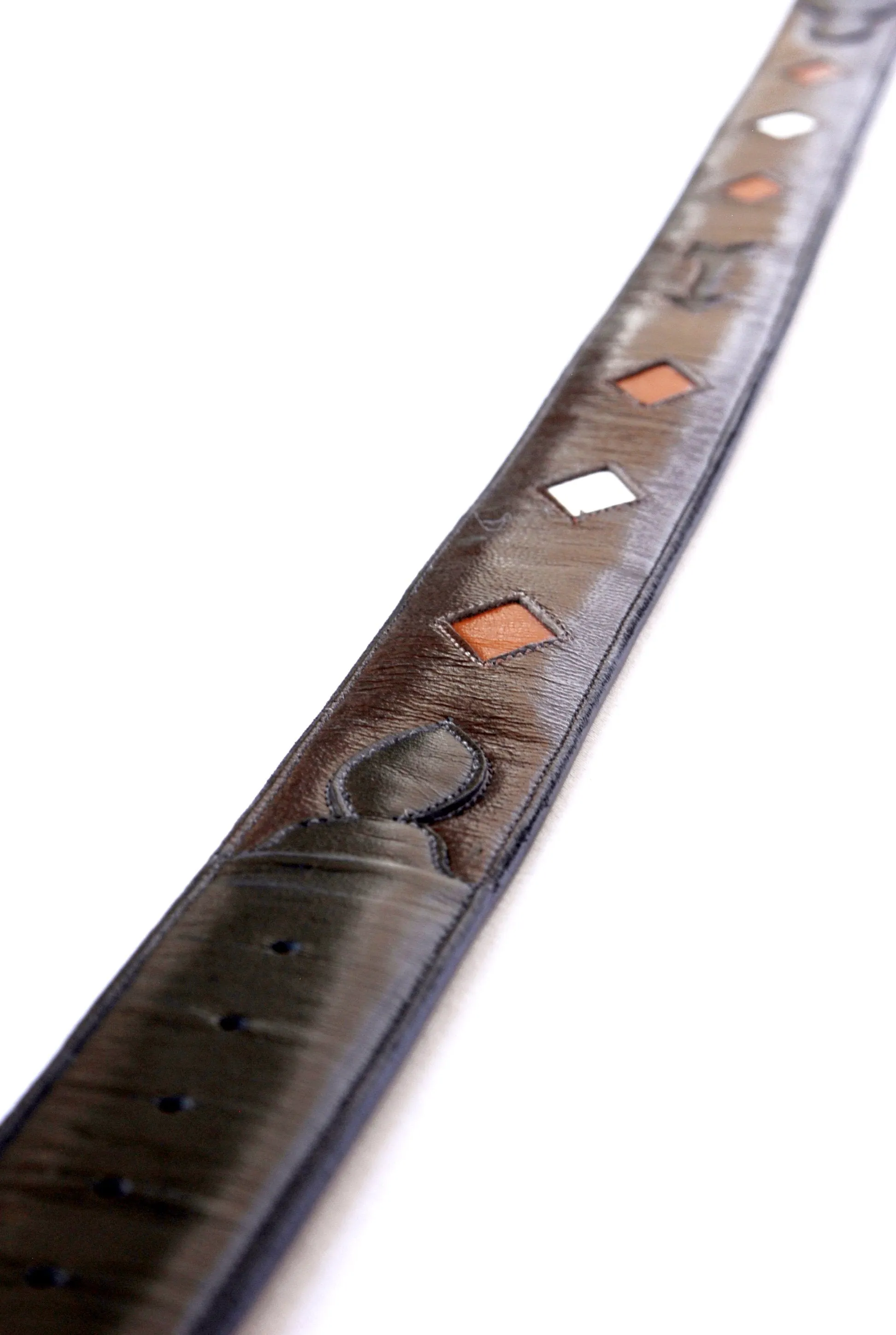 Handmade Brown Leather Belt with Arrow & Diamond Inlaid Designs sz 40-1/2"