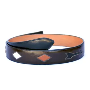 Handmade Brown Leather Belt with Arrow & Diamond Inlaid Designs sz 40-1/2"
