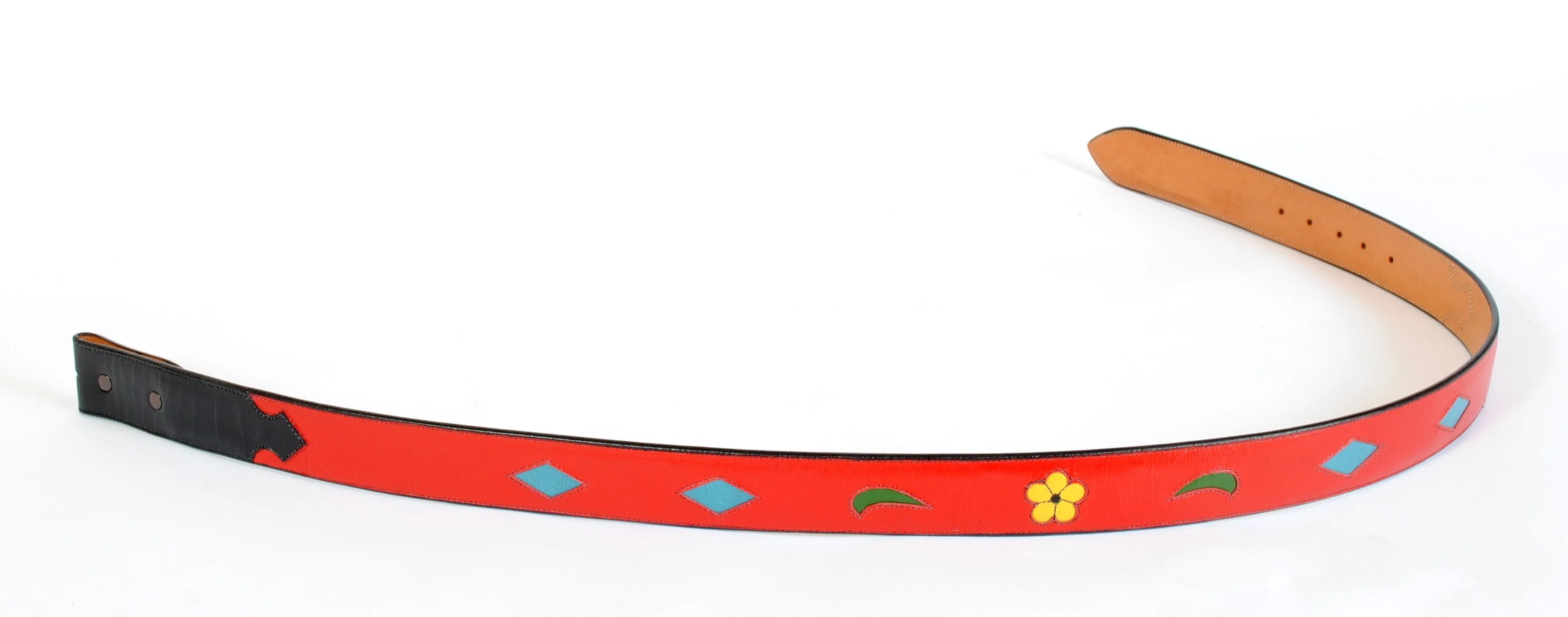 Handmade Red Leather Belt with Floral & Diamond Inlaid Designs sz 42-1/2"