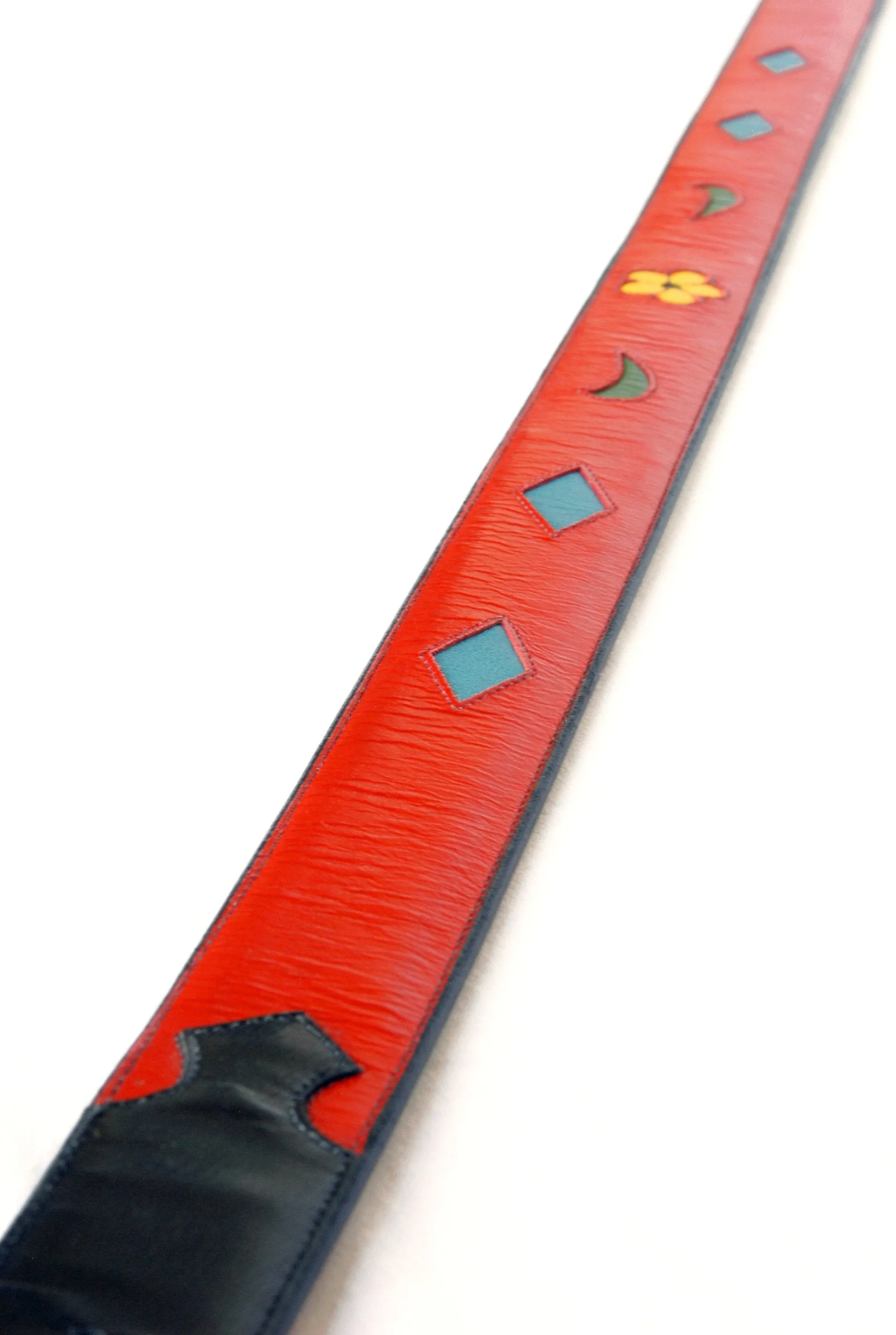 Handmade Red Leather Belt with Floral & Diamond Inlaid Designs sz 42-1/2"