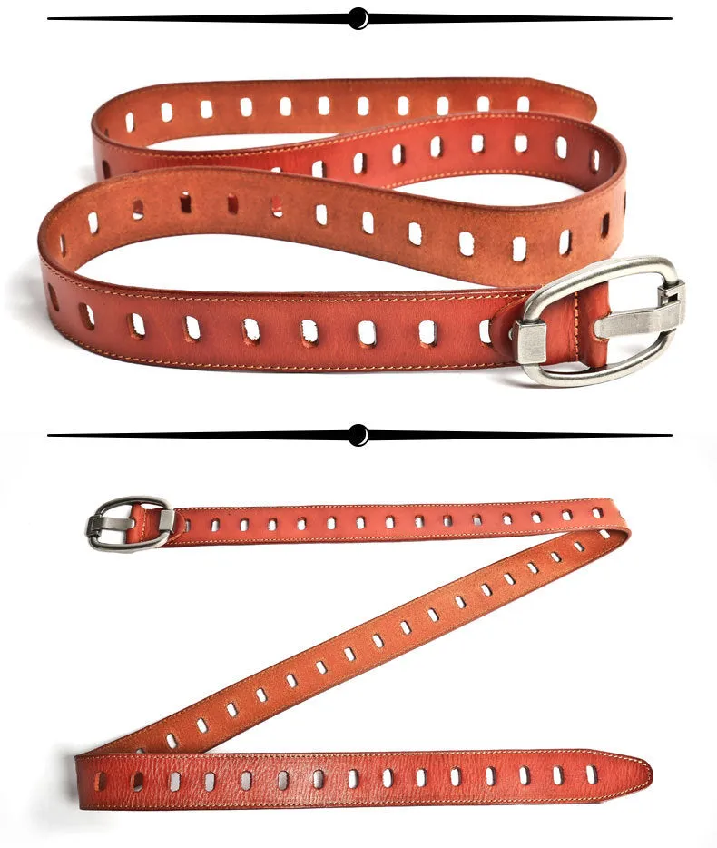 Handmade Vintage Pinhole Steel Buckle Genuine Leather Belt