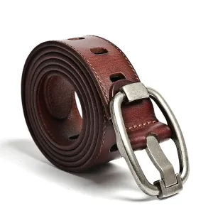 Handmade Vintage Pinhole Steel Buckle Genuine Leather Belt