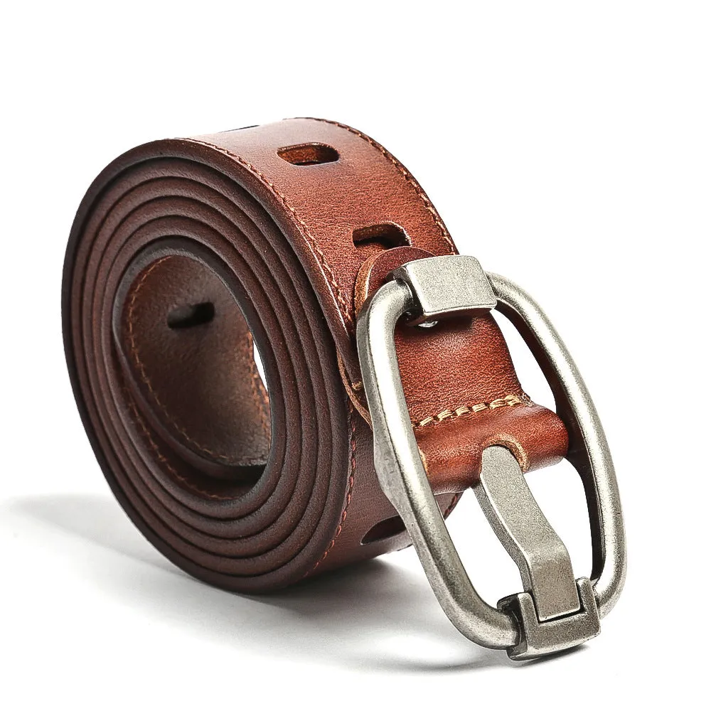 Handmade Vintage Pinhole Steel Buckle Genuine Leather Belt