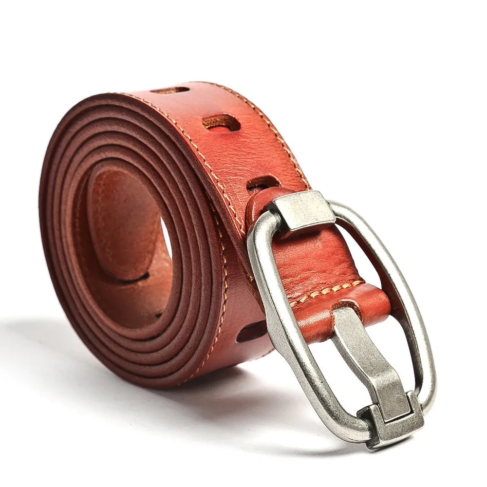 Handmade Vintage Pinhole Steel Buckle Genuine Leather Belt
