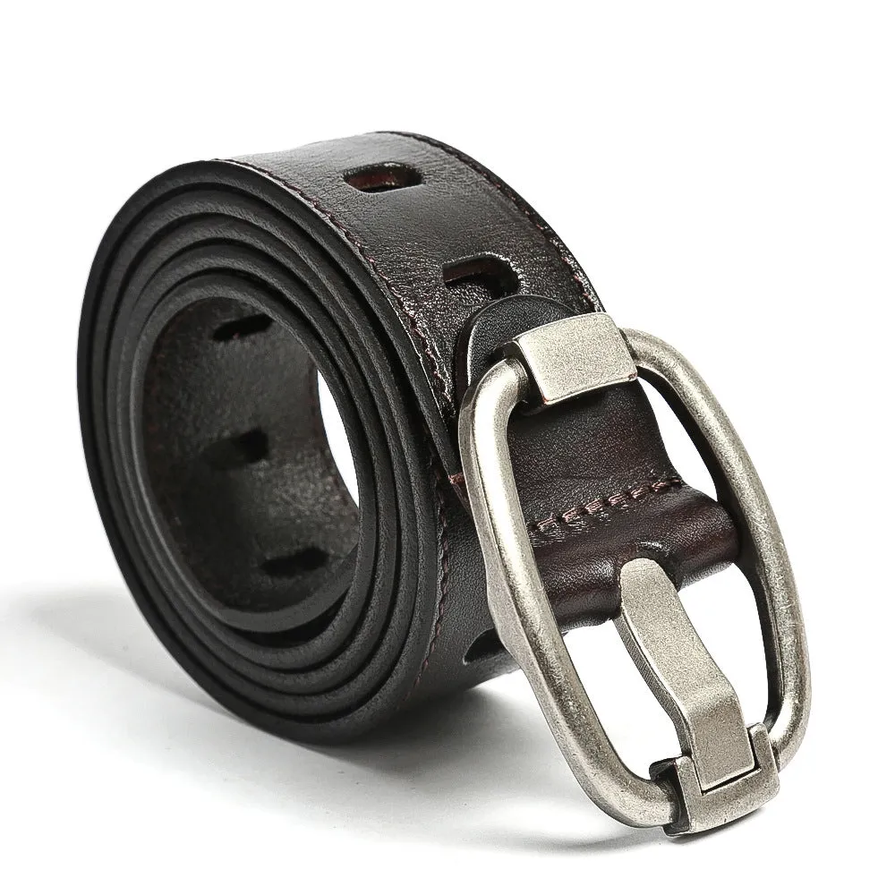Handmade Vintage Pinhole Steel Buckle Genuine Leather Belt