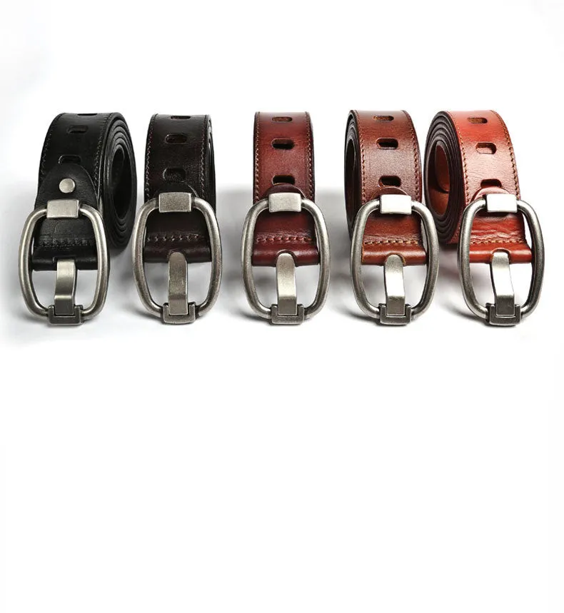 Handmade Vintage Pinhole Steel Buckle Genuine Leather Belt