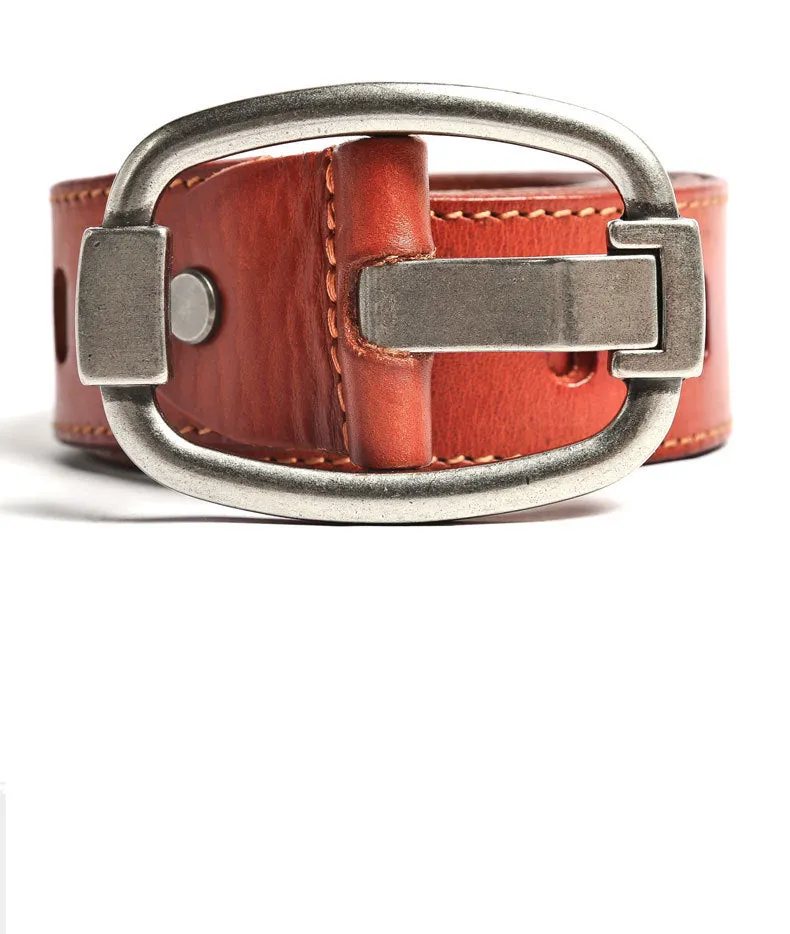 Handmade Vintage Pinhole Steel Buckle Genuine Leather Belt