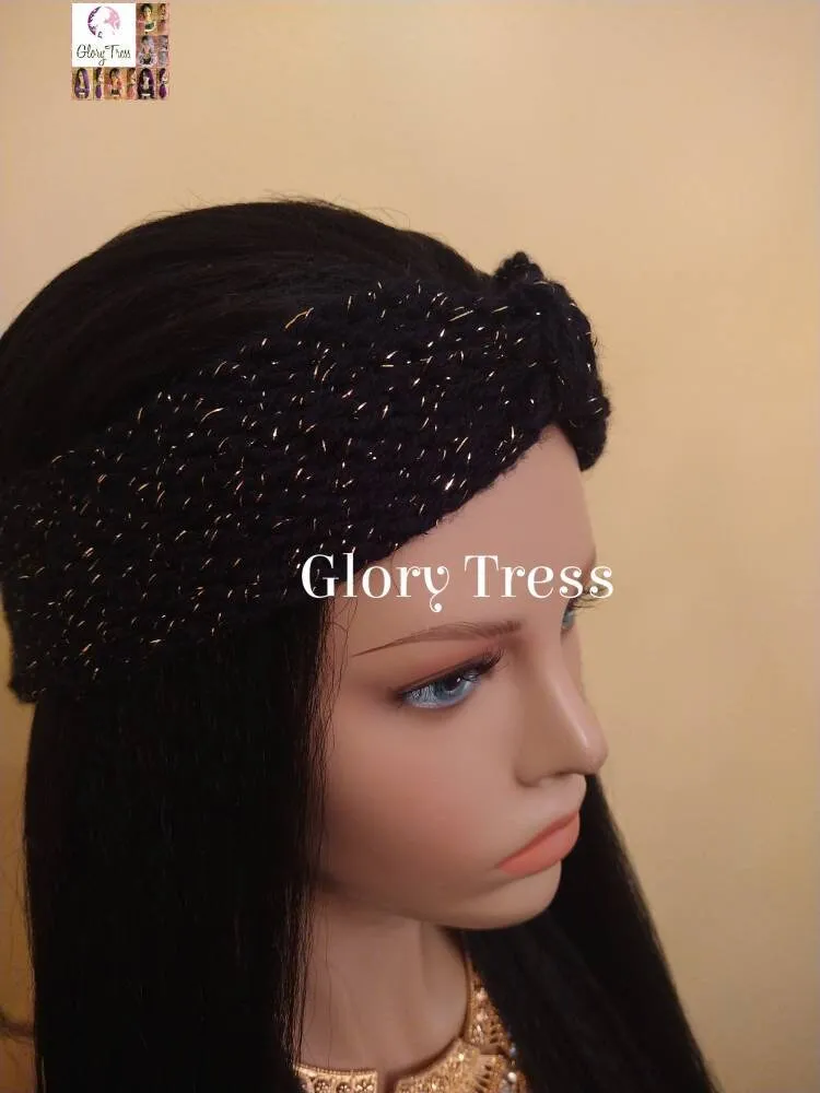 Headband - Crochet Headband - Black & Gold Headband - Turbans - Handmade Turban - Handmade Crochet Headband - Glory Tress  // GLAMOROUS