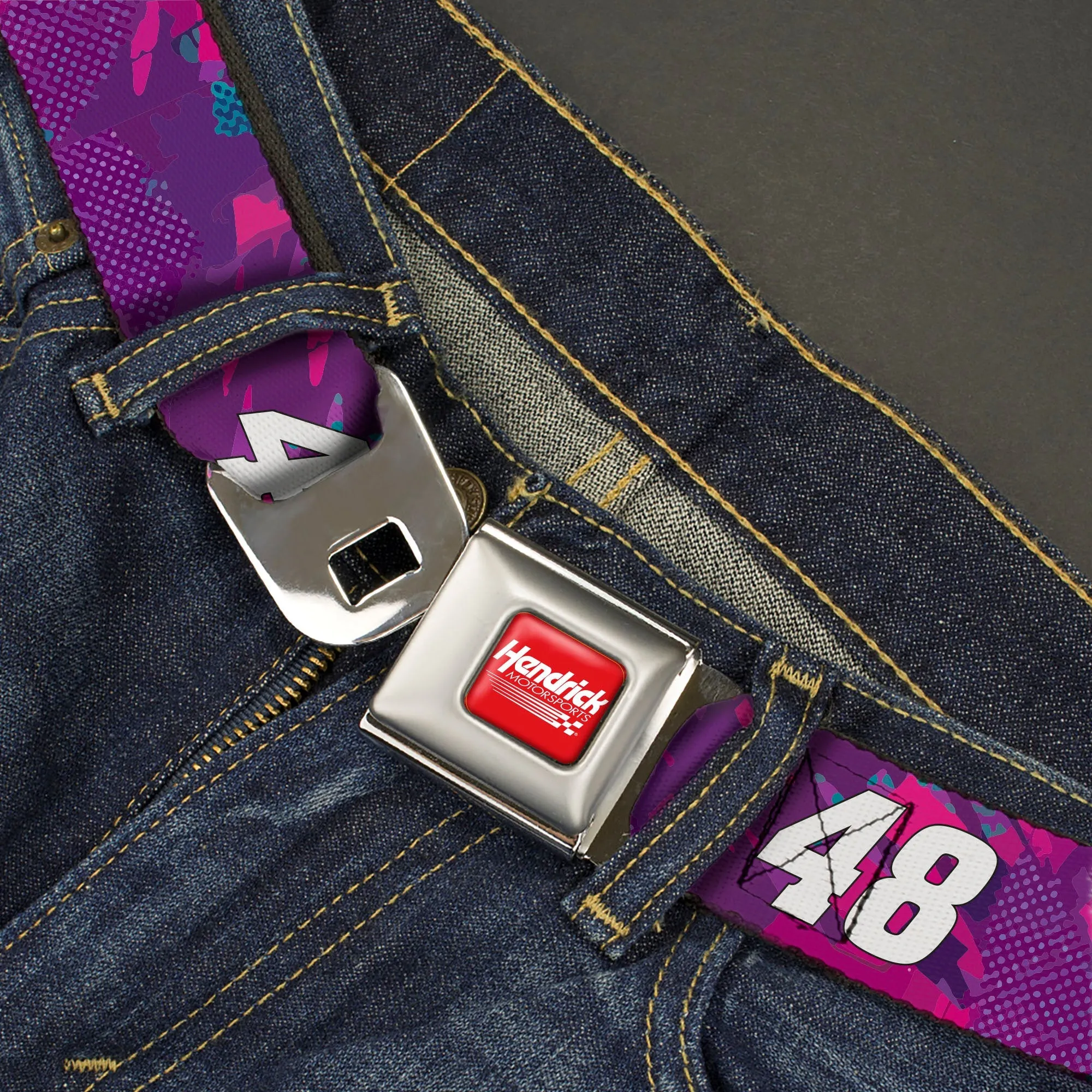 HENDRICK MOTORSPORTS Checker Logo Full Color Red/White Seatbelt Belt - Alex Bowman #48 Car Scheme Purples/Pinks/White Webbing