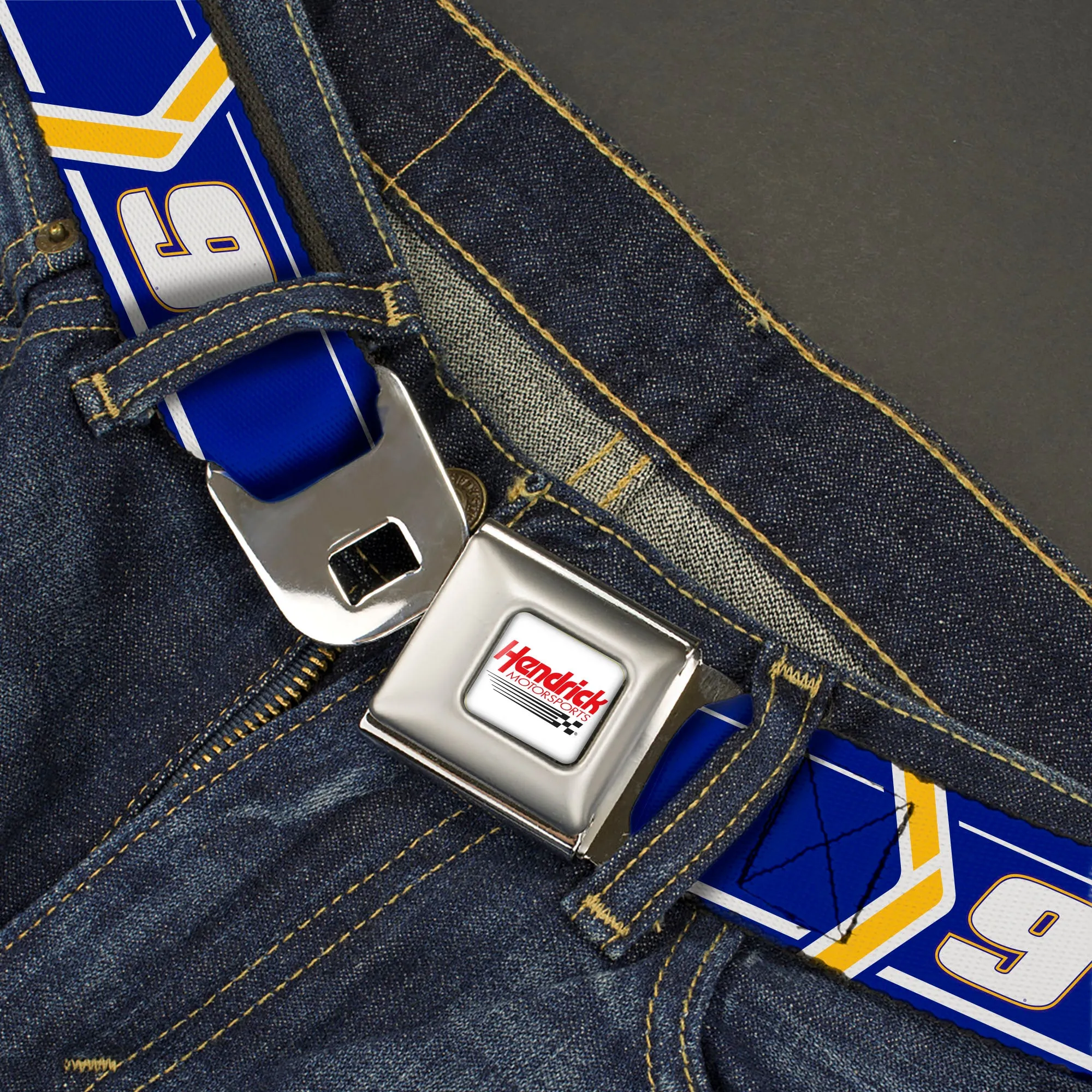 HENDRICK MOTORSPORTS Checker Logo Full Color Red/White Seatbelt Belt - Chase Elliott #9 Car Scheme Blue/Yellow/White Webbing