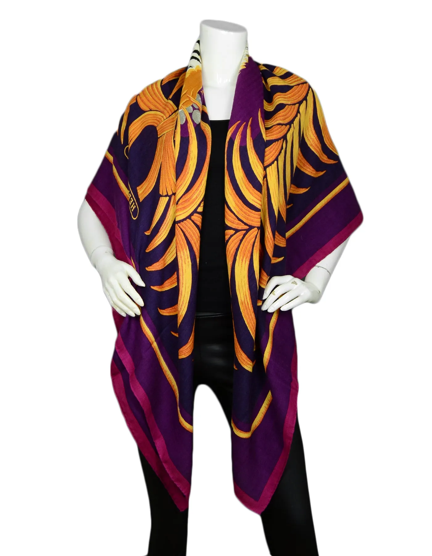 Hermes Purple Pink Royal Tiger Silk & Cashmere 140cm Shawl
